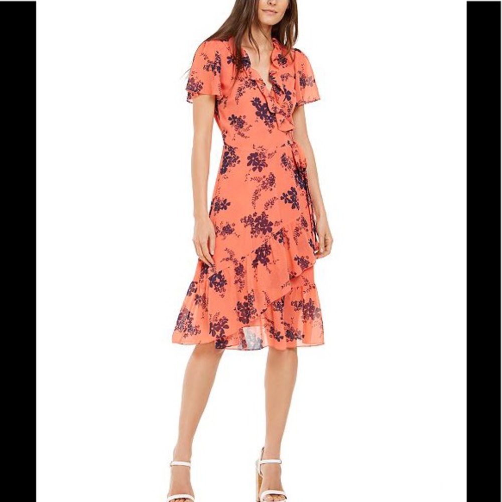 Michael Kors Coral Peach Floral Wrap Dress XXS NWT